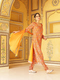 Orange Floral Print Anarkali Churidar With Dupatta