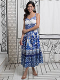 Blue pottery Print Tiered Dress