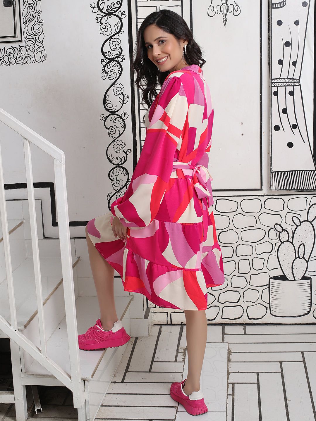 Pink Abstract Tiered Dress