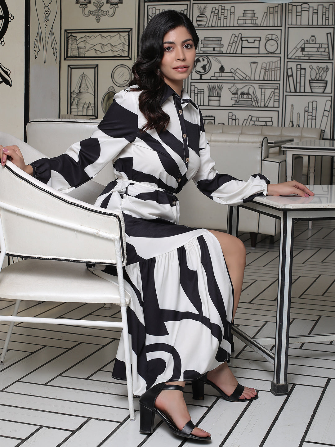 White and Black Abstract Art Button Down Dress
