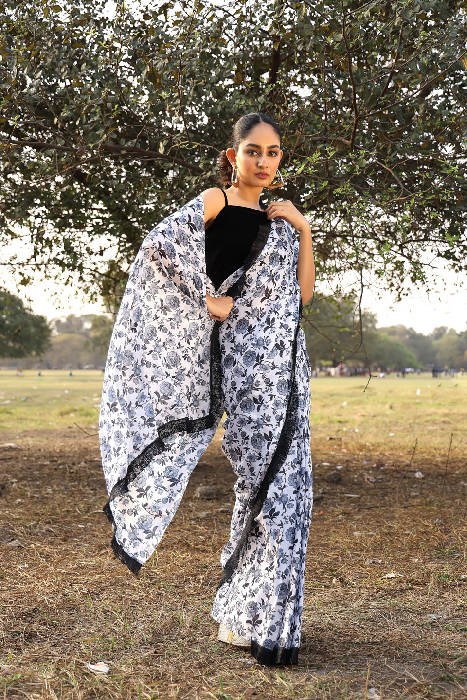 White & Black Floral printed Saree with blouse