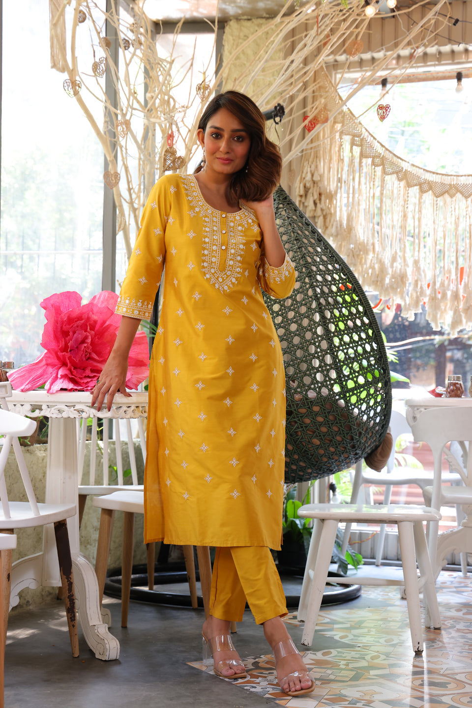 Mustard Kurta Set with Thread Embroidery