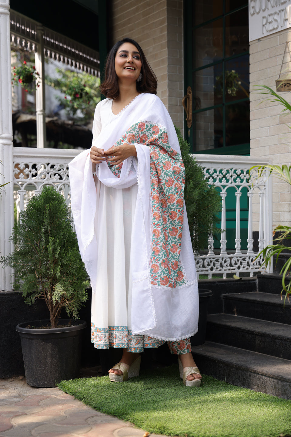 White Floor length Anarkali with Dupatta