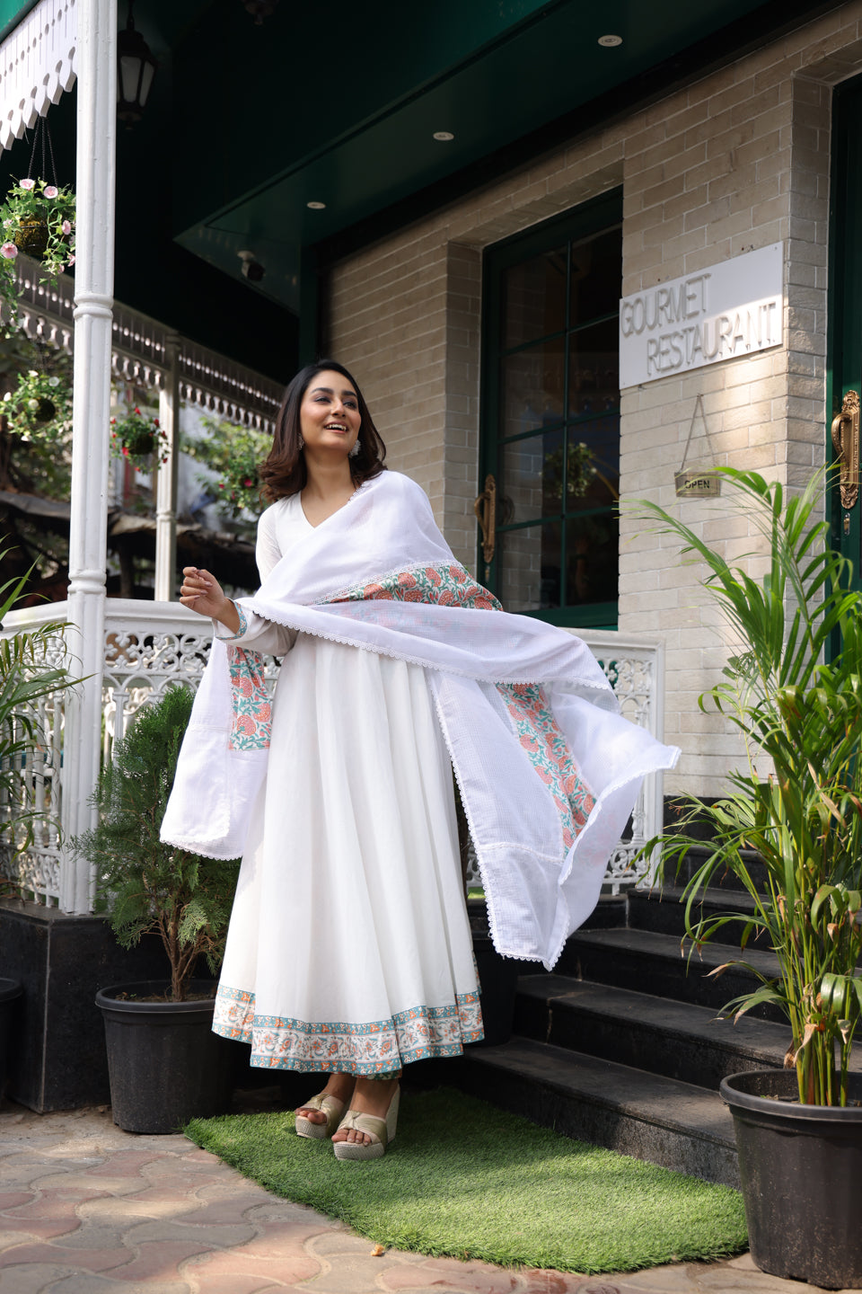 White Floor length Anarkali with Dupatta