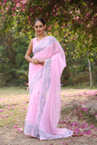 Powder Pink Organza Saree with Border