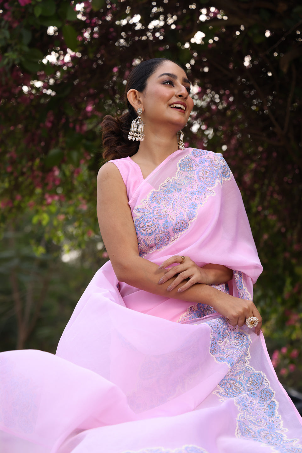 Powder Pink Organza Saree with Border