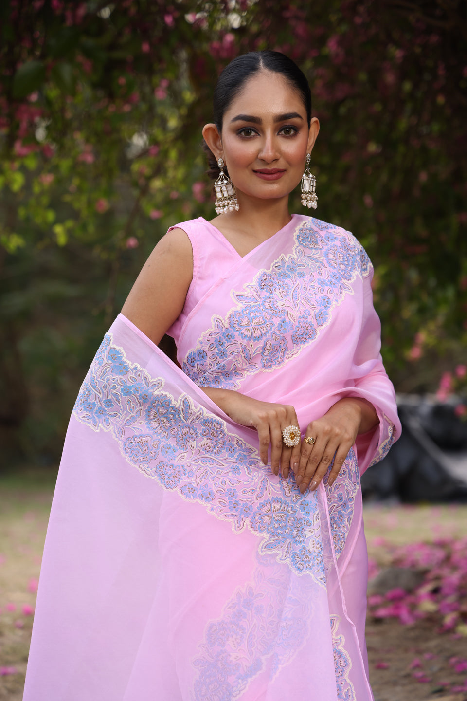 Powder Pink Organza Saree with Border