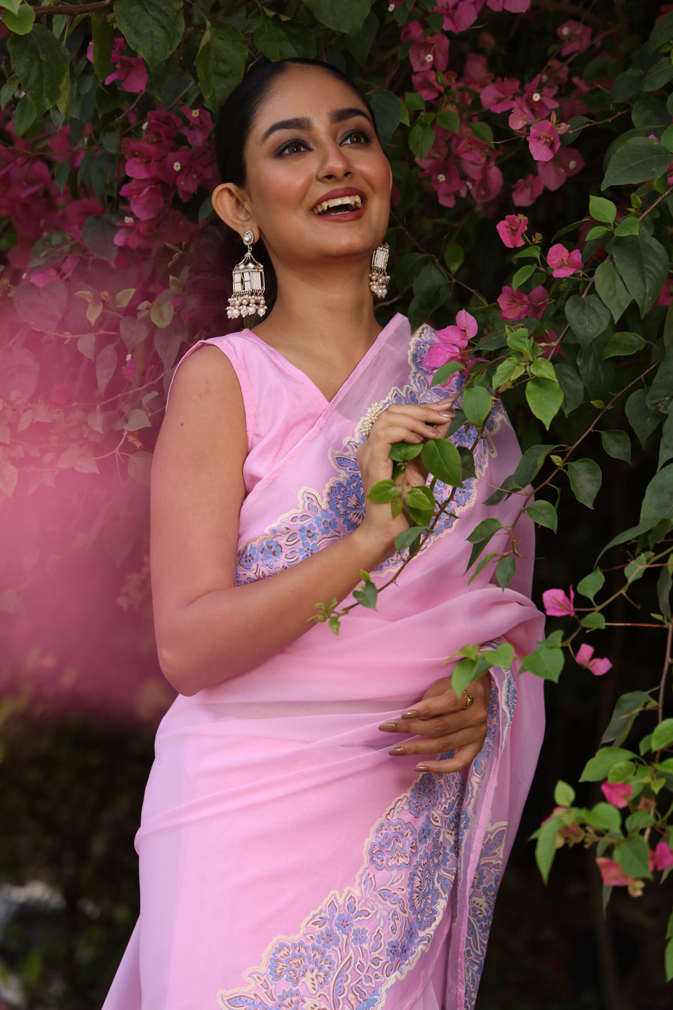 Powder Pink Organza Saree with Border