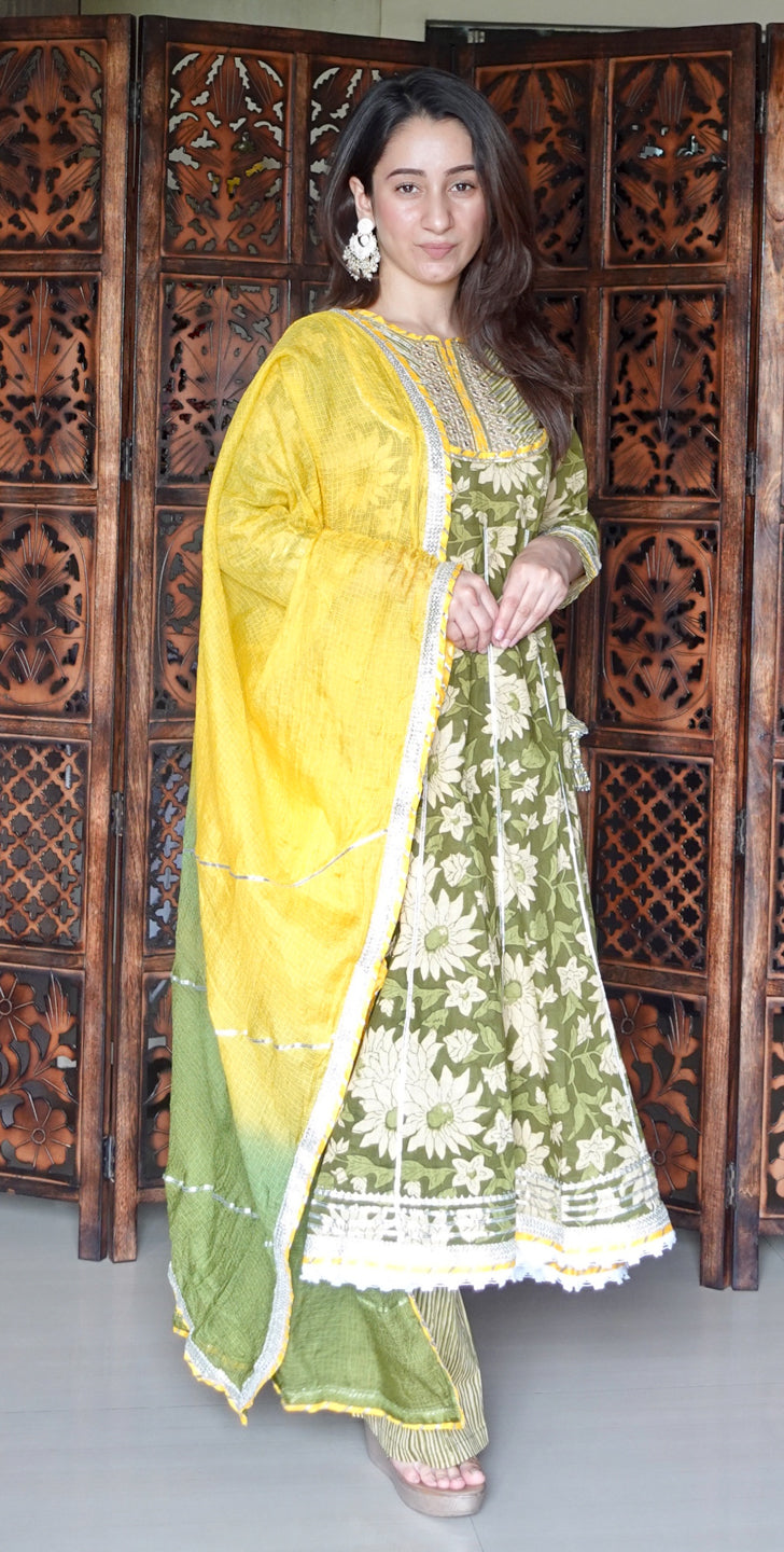 Green Anarkali with Mustard Dyed Dupatta