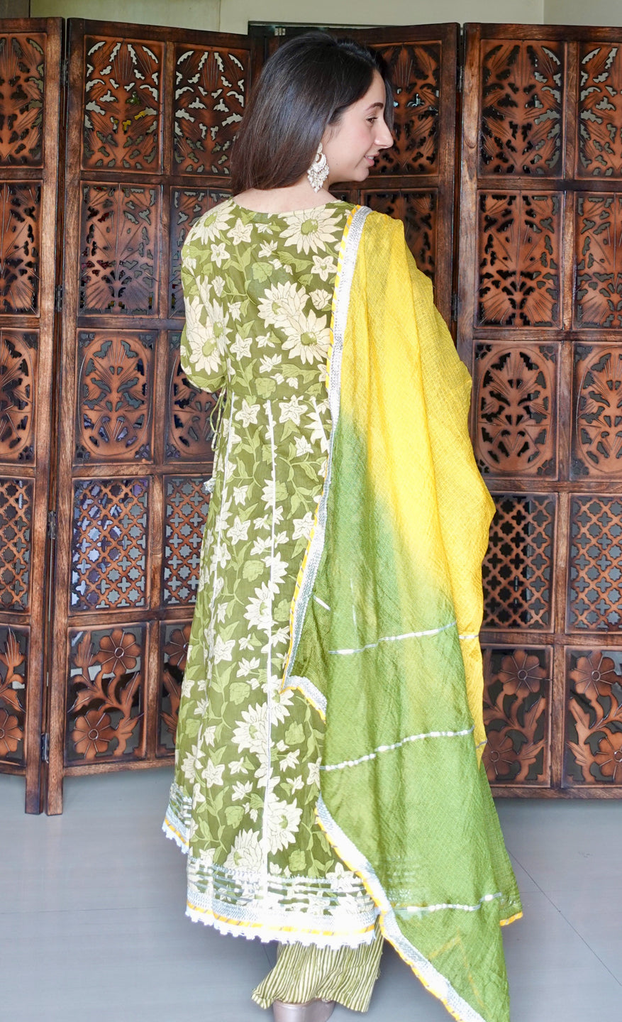 Green Anarkali with Mustard Dyed Dupatta