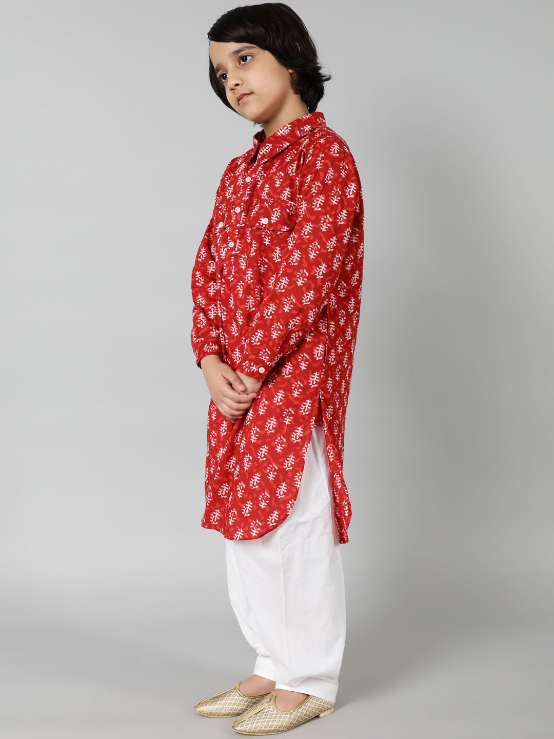 Red & White Printed Pathani Kurta With Salwar