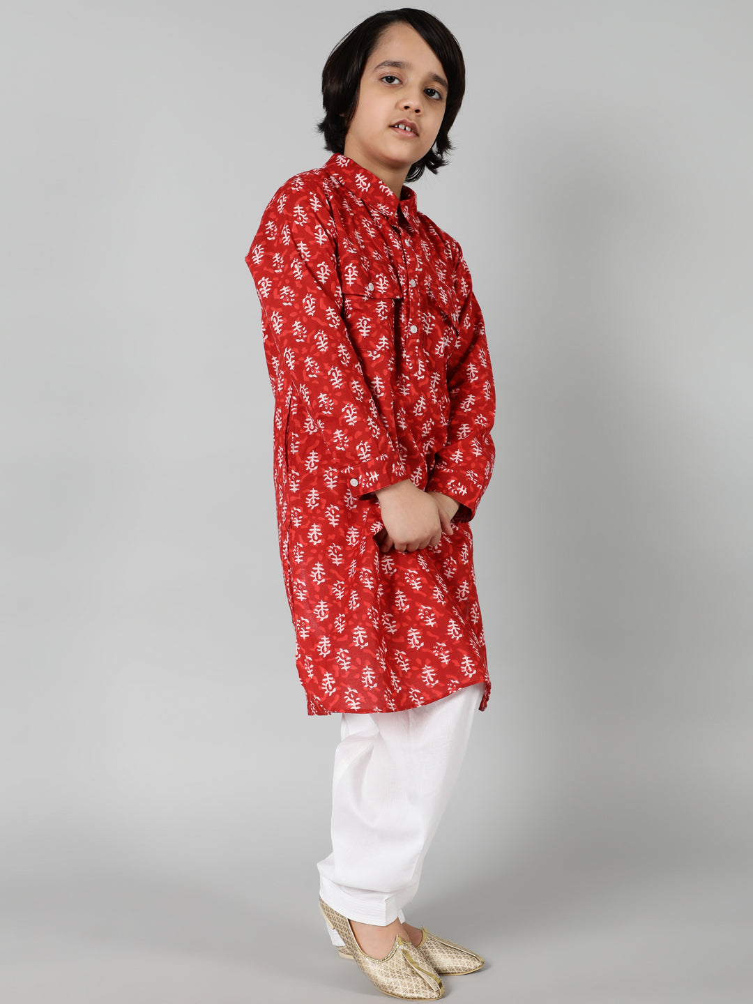 Red & White Printed Pathani Kurta With Salwar