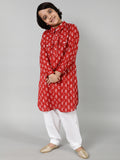 Red & White Printed Pathani Kurta With Salwar