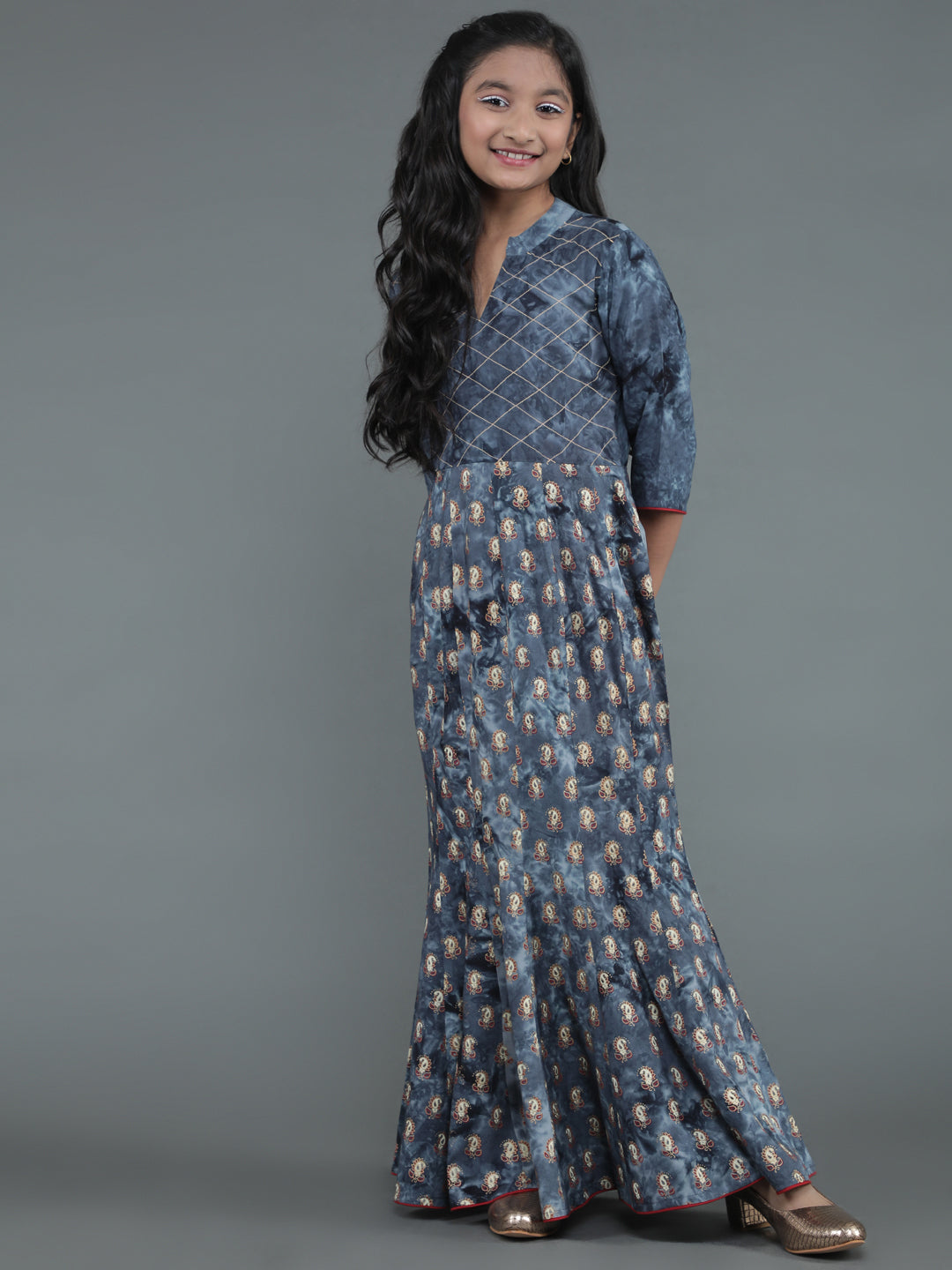 Grey Gold Printed Fish Cut Maxi Dress