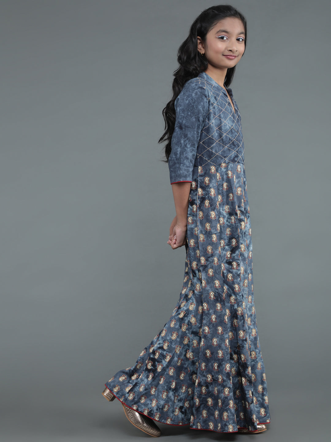 Grey Gold Printed Fish Cut Maxi Dress