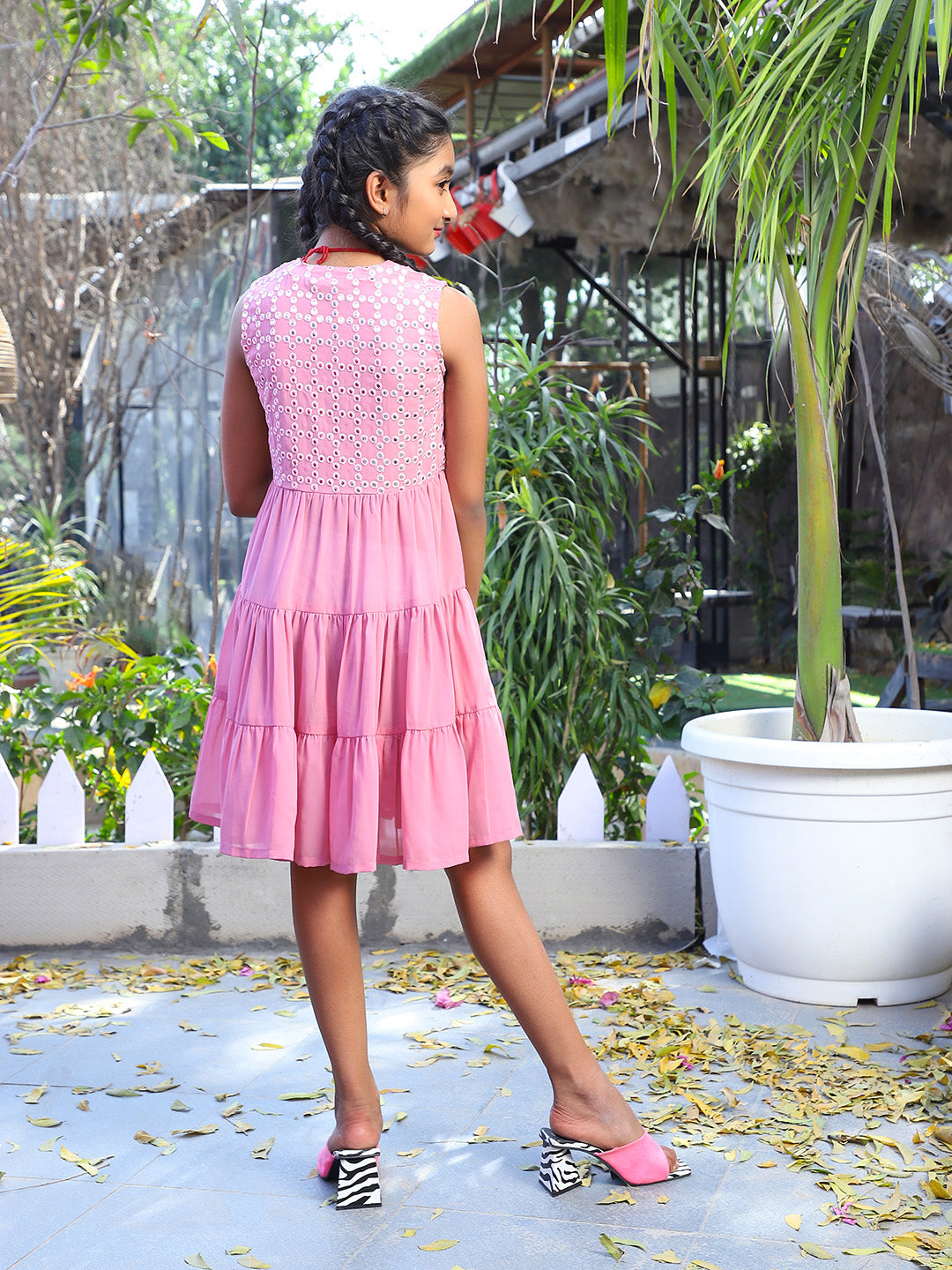 Pink georgette Sequinned tiered Dress