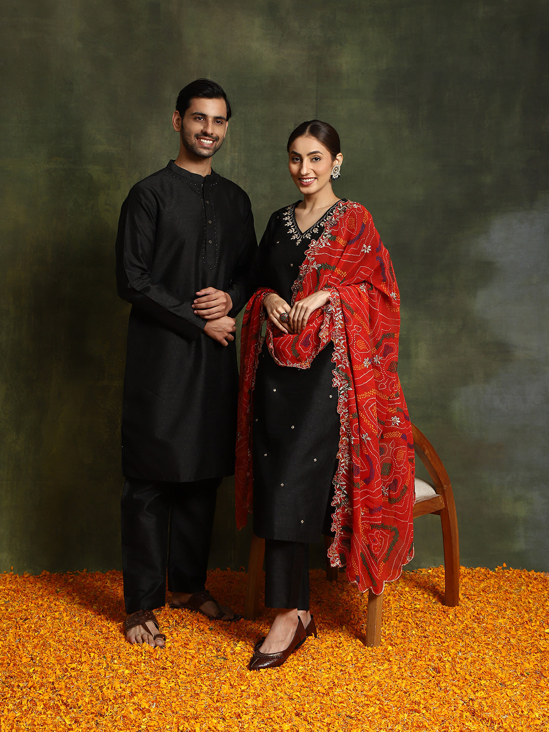 Black Embroidered Couple Combo Set