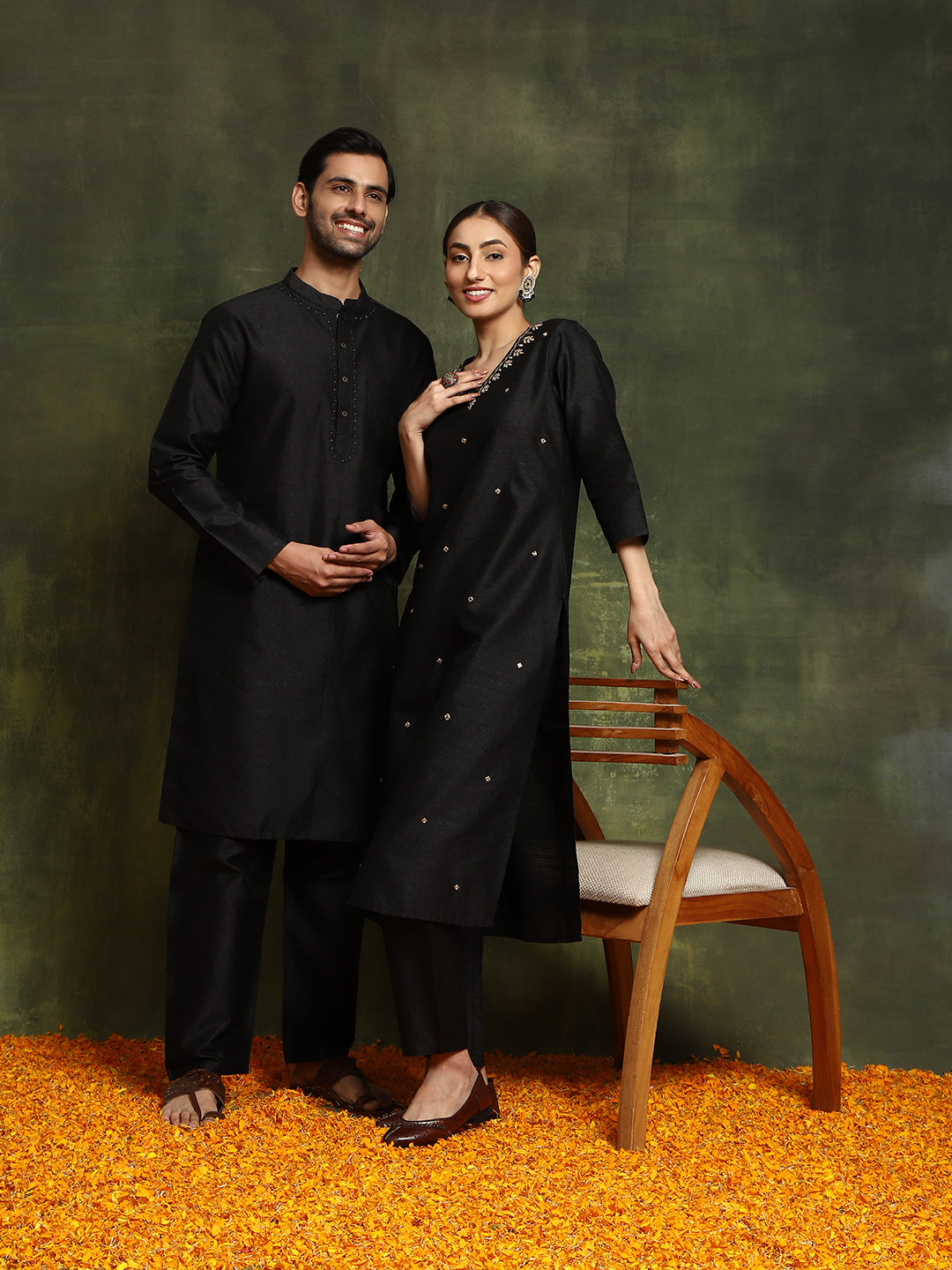 Black Embroidered Couple Combo Set