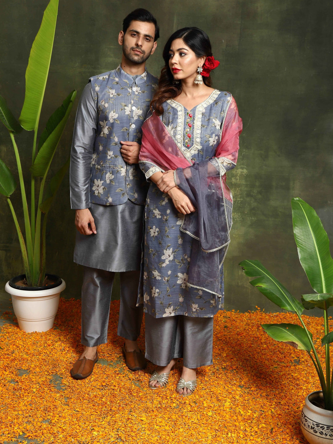 Grey Floral Print Couple Combo