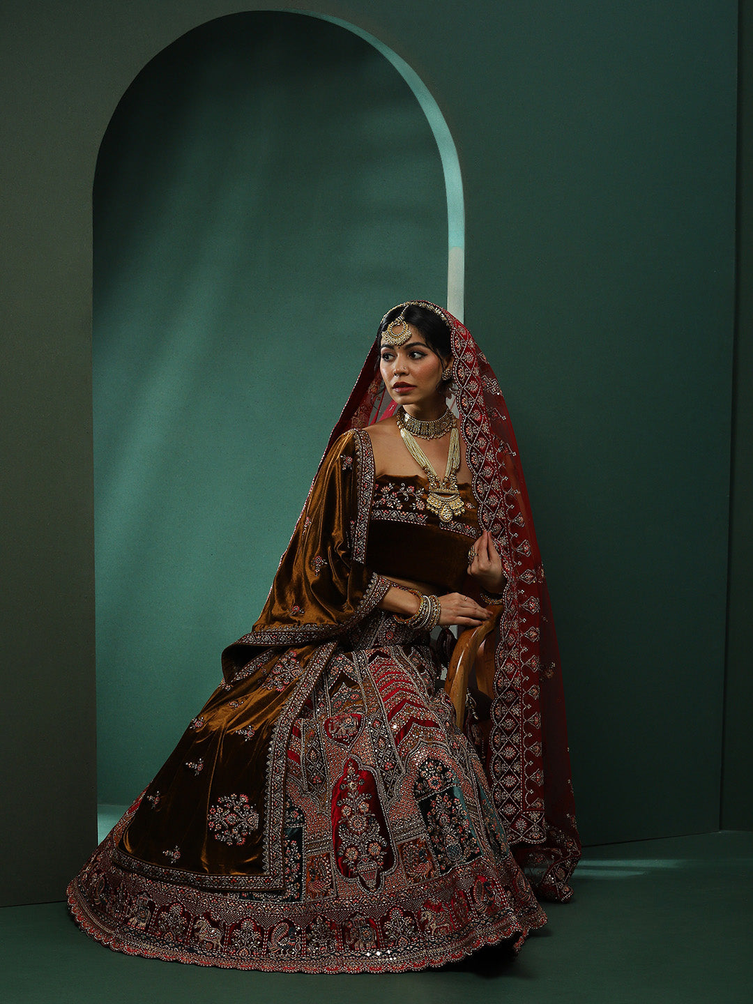 Maroon & Brown Embroidered Lehenga Choli With Dupatta