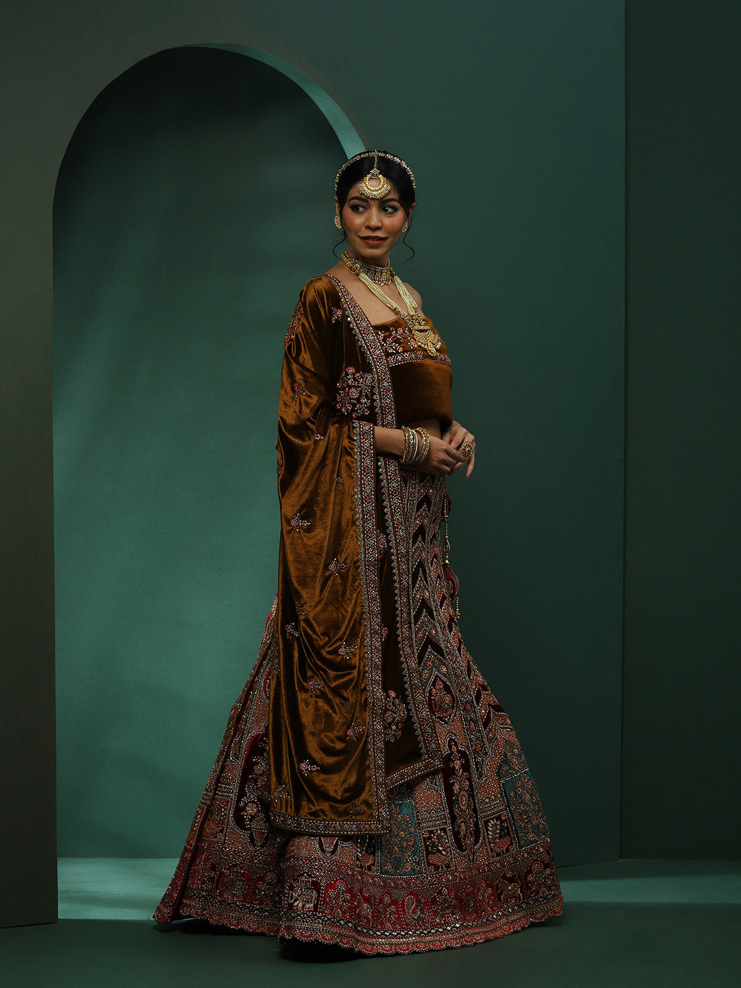 Maroon & Brown Embroidered Lehenga Choli With Dupatta