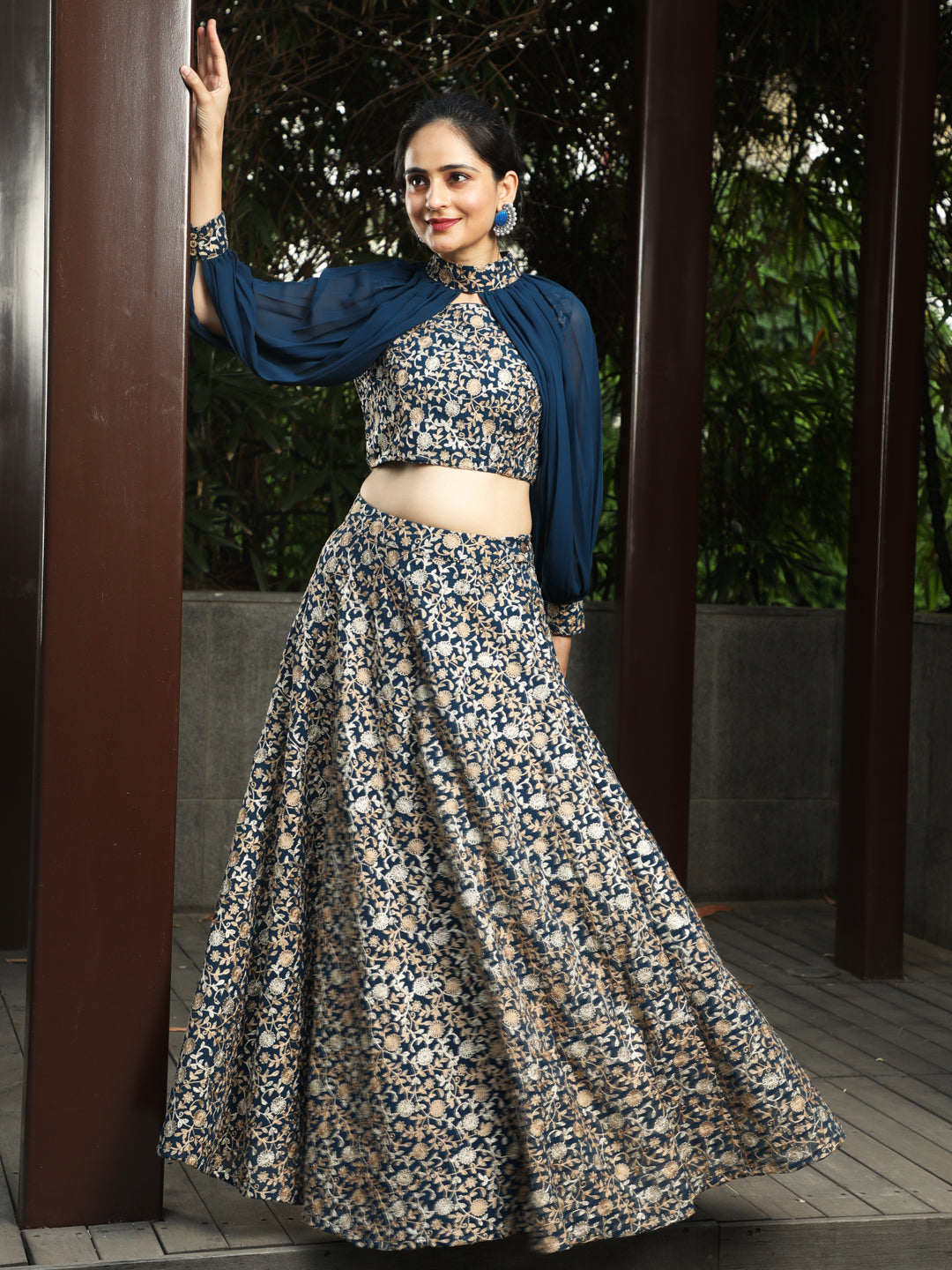 Blue Lehenga Choli With Cape Sleeves