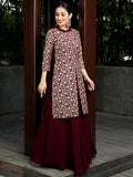Wine Floral Embroidered Kurta With Skirt