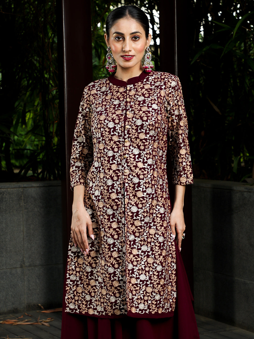 Wine Floral Embroidered Kurta With Skirt