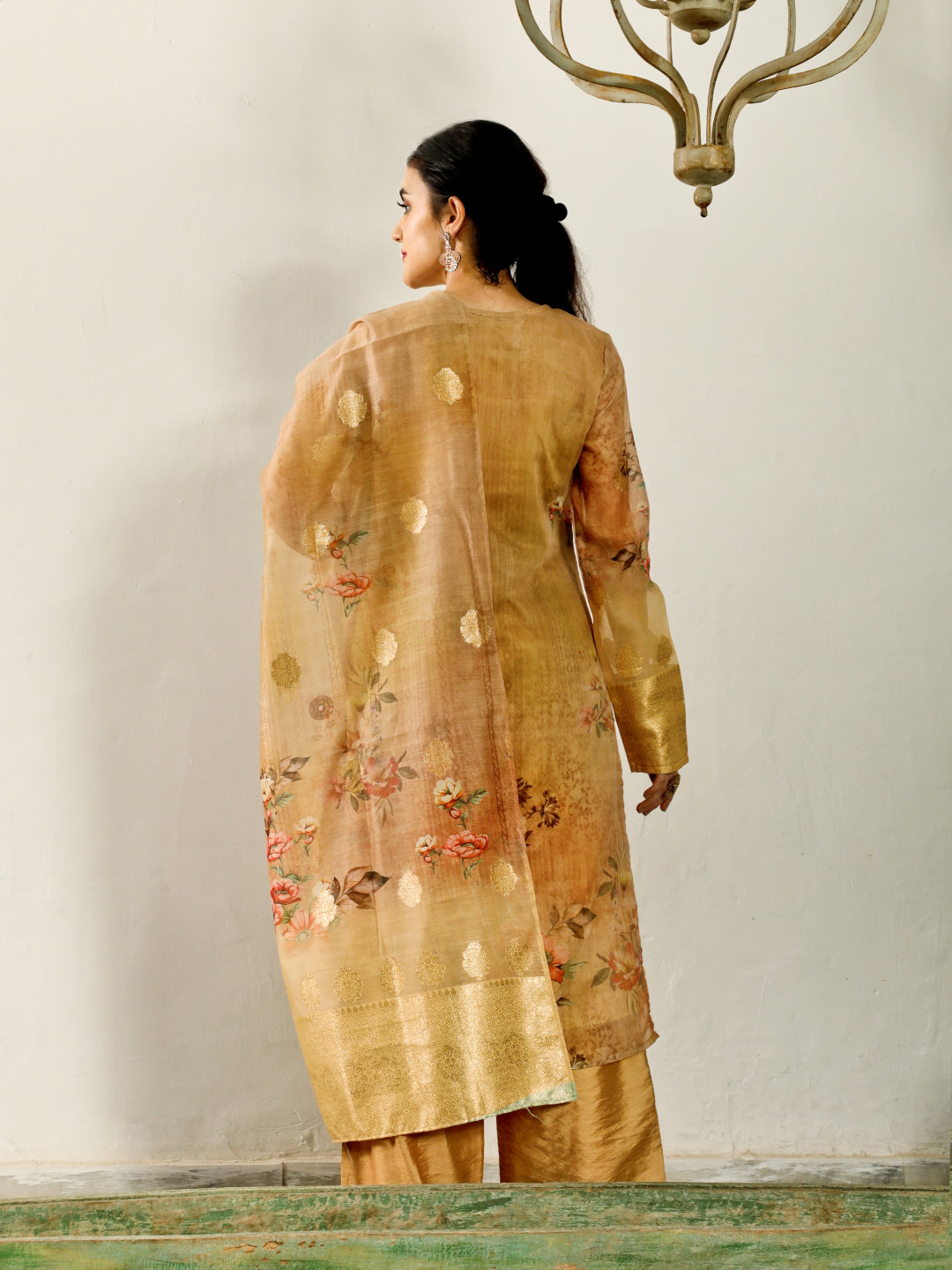 Gold Woven Designed Kurta Palazzo With Dupatta