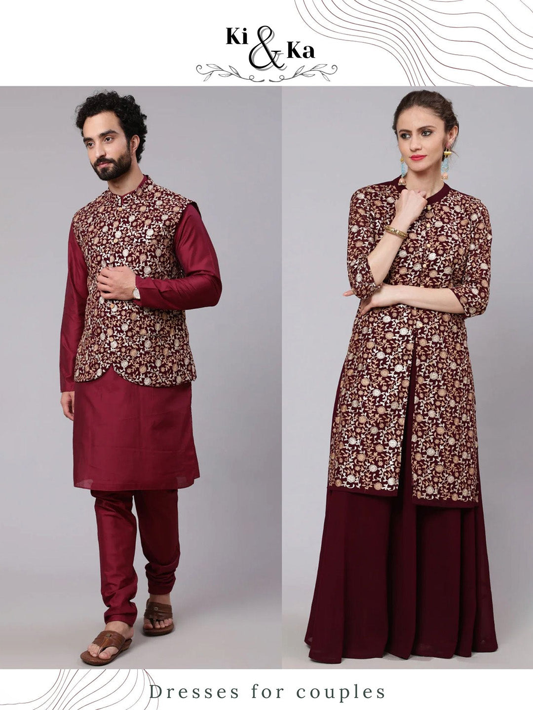 Wine Floral Embroidered Couple Combo