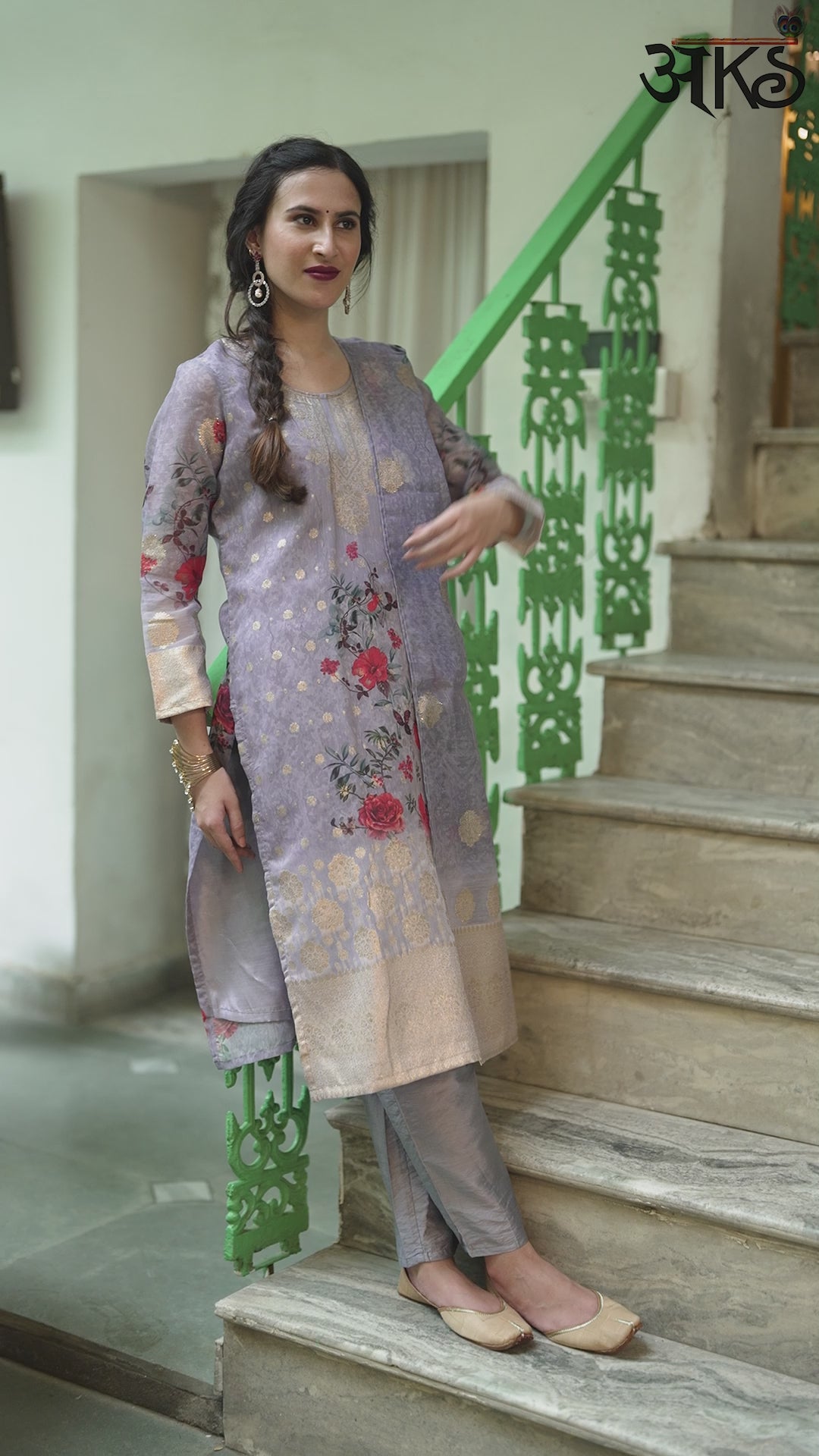 Grey Floral Print Kurta Pant With Dupatta