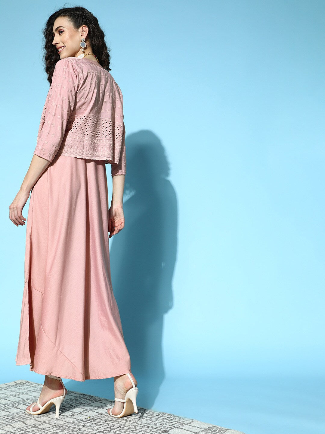 Rose Gold Schiffli Design Maxi Dress With Jacket