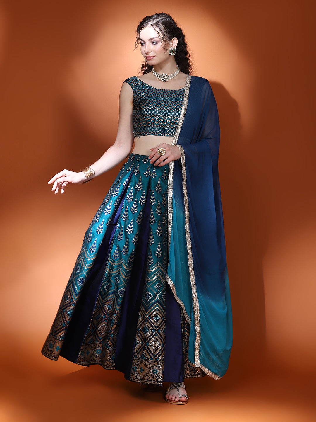 Teal Blue Gold Zari Work Lehenga Choli With Dupatta