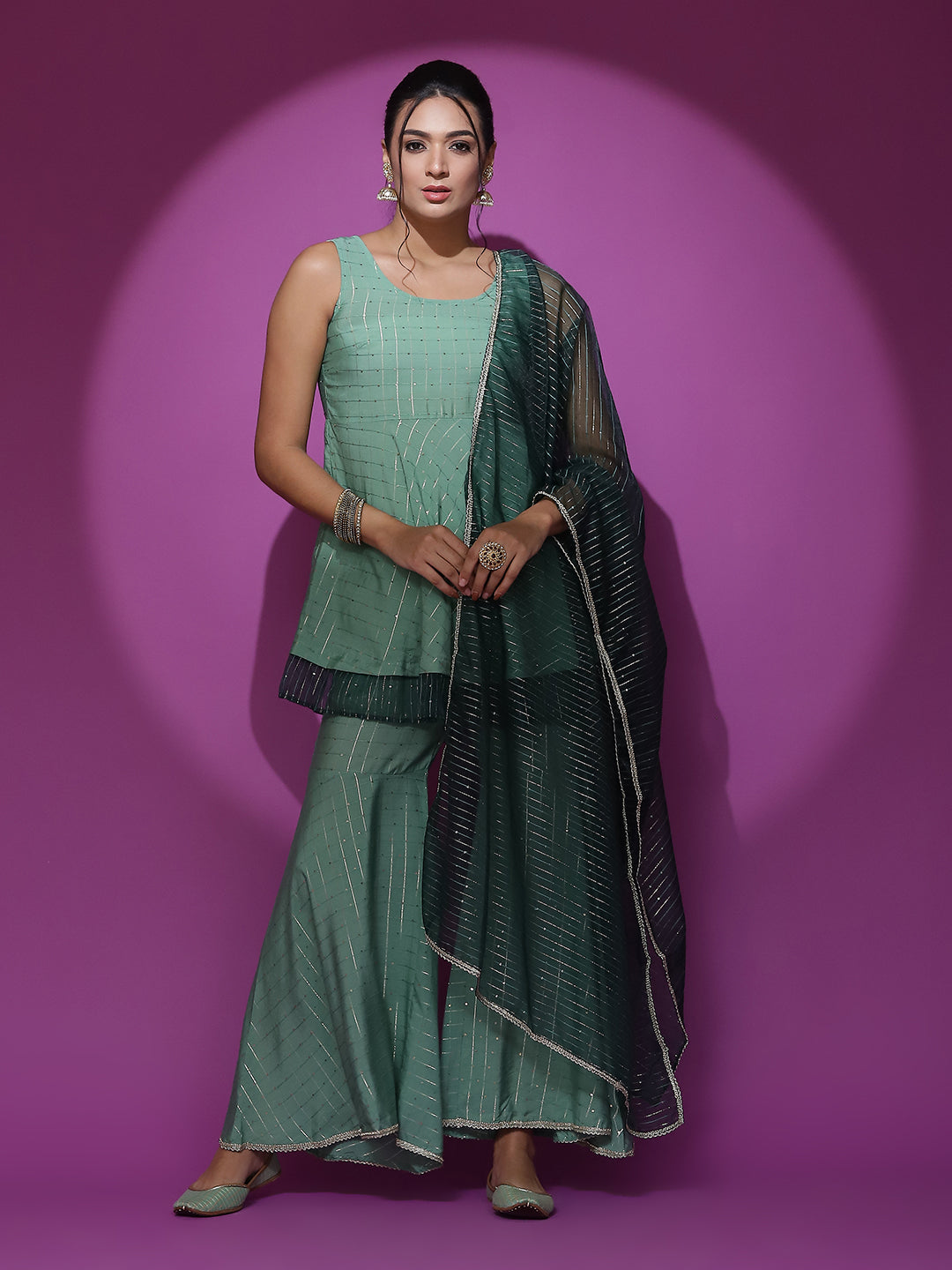 Green Sequin Kurta Sharara With Dupatta