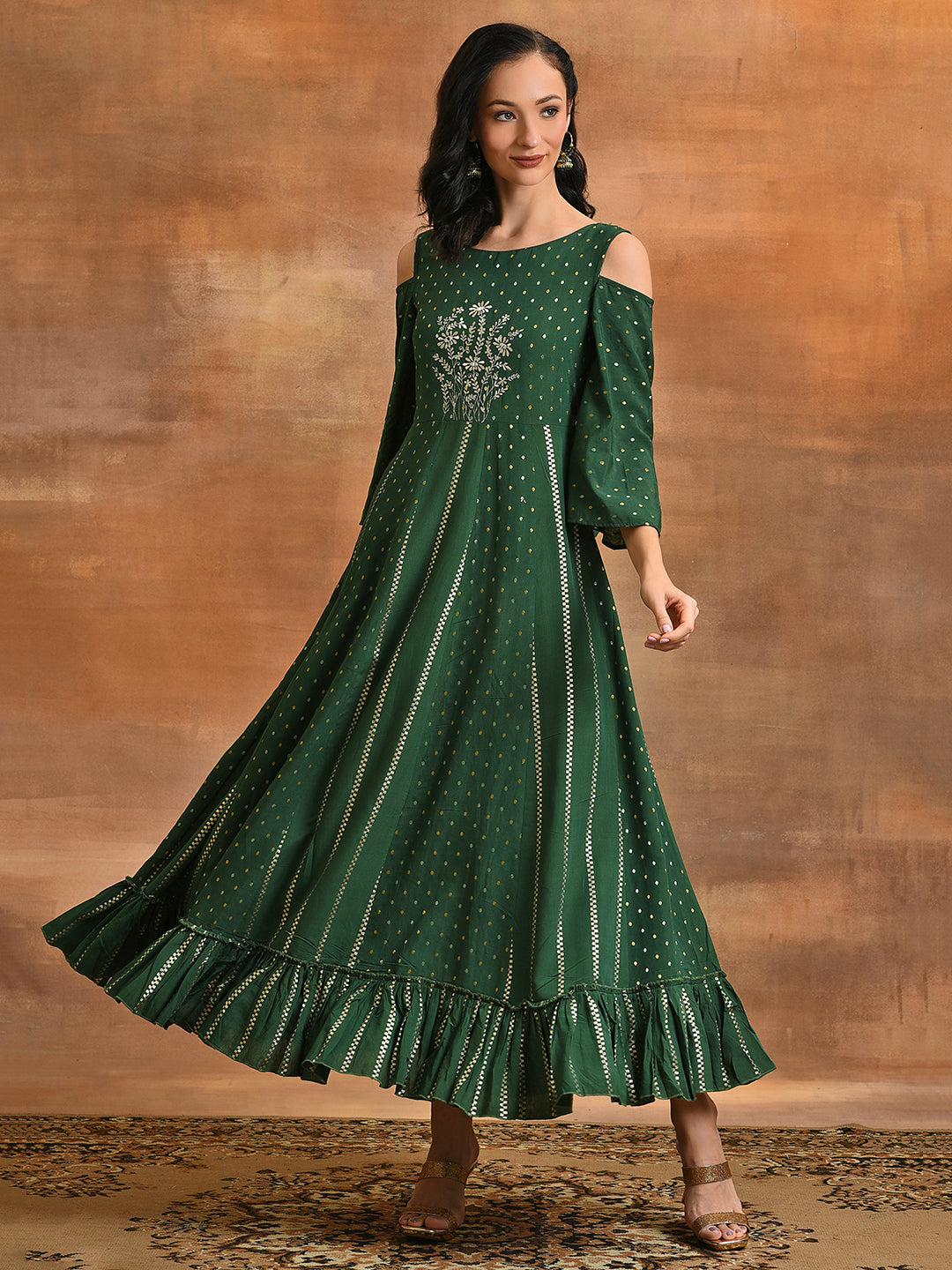 Dark Green Embroidered Flared Maxi Dress