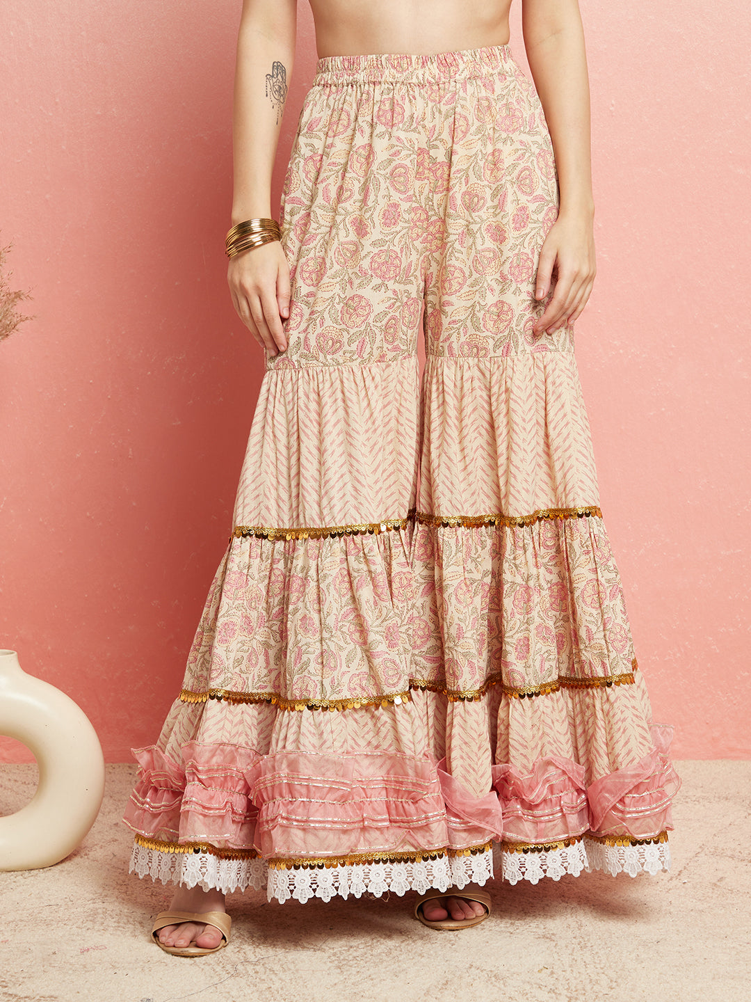 Cream & Peach Floral Print Kurta Sharara With Dupatta