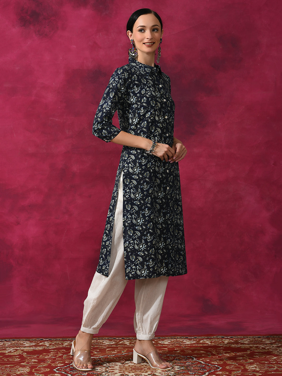 Navy Blue Floral Printed Button Down Kurta