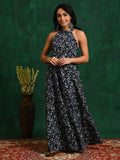 Navy Blue Floral Print Sleeveless Maxi Dress