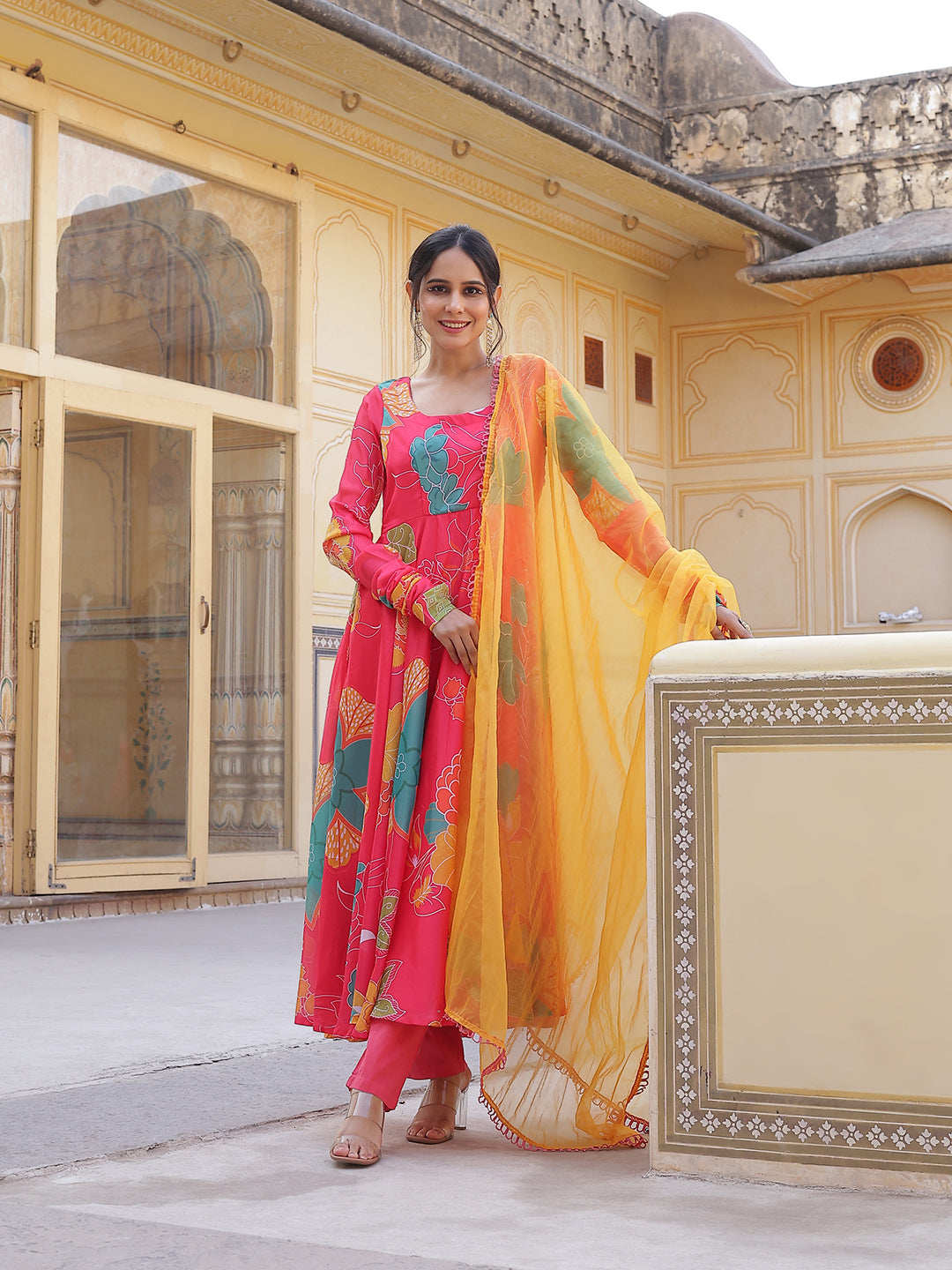 Coral Floral Print Anarkali Pant With Dupatta