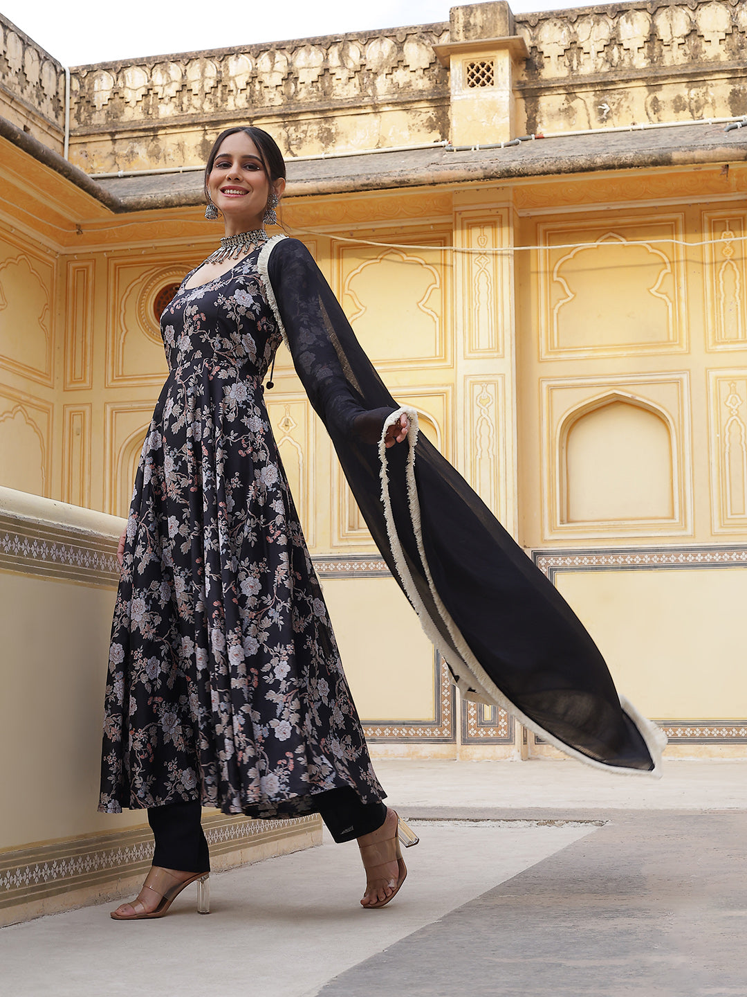 Black Floral Print Anarkali Pant With Dupatta