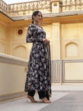 Black Floral Print Anarkali Pant With Dupatta