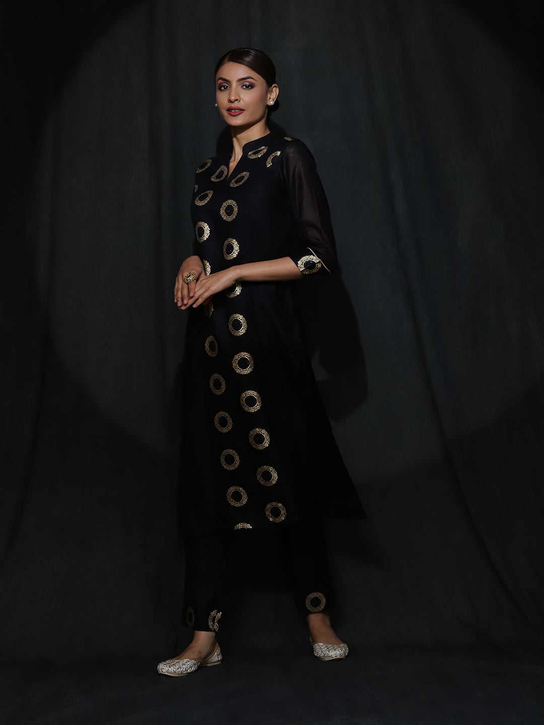 Black Woven Designed Kurta With Pant