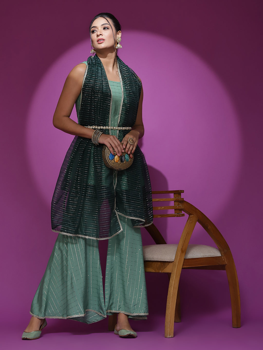 Green Sequin Kurta Sharara With Dupatta