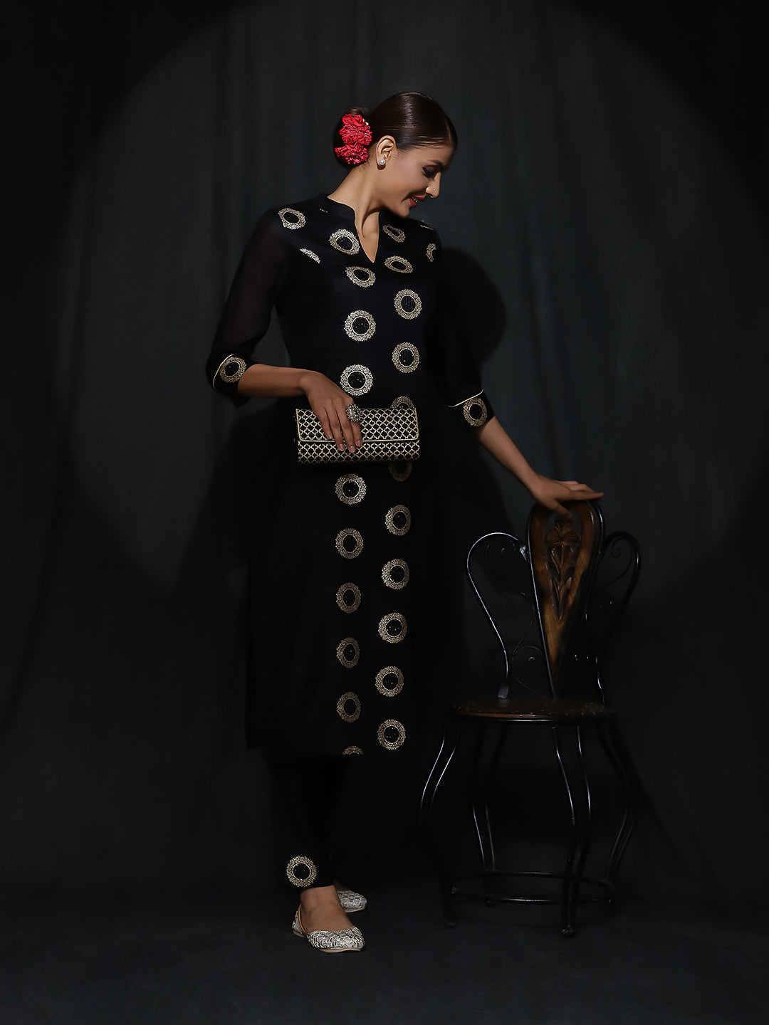 Black Woven Designed Kurta With Pant