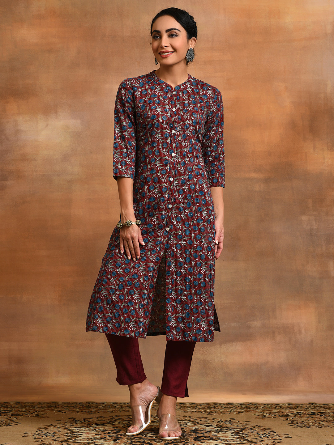 Maroon Kantha Work Kurta With Pant