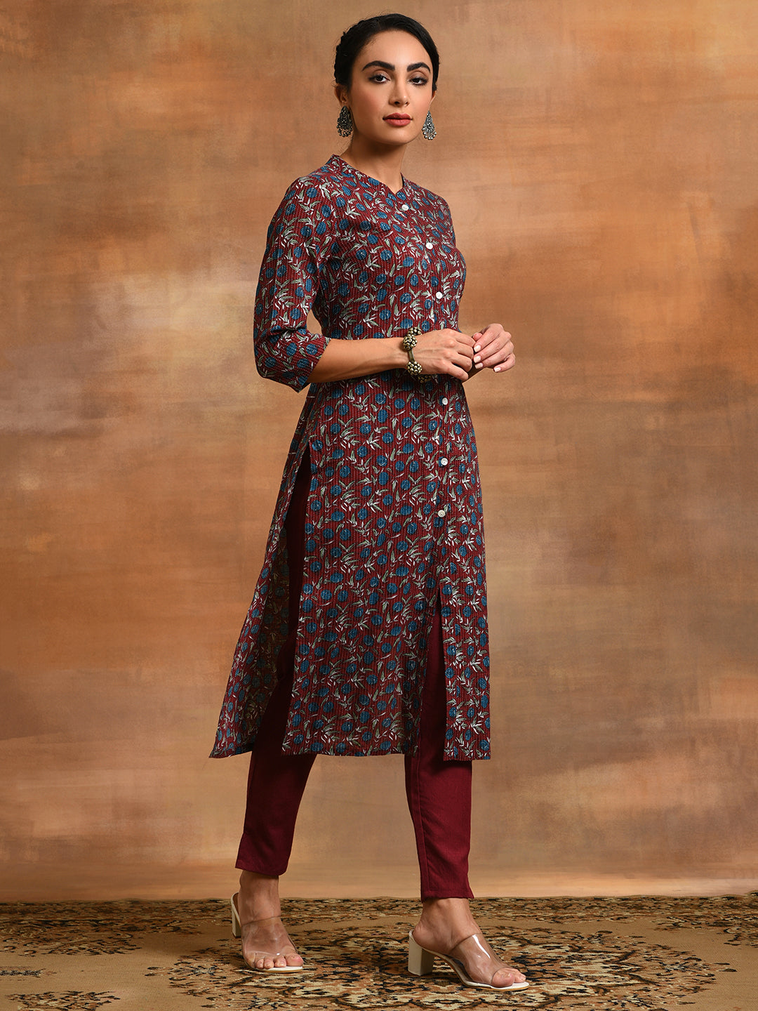 Maroon Kantha Work Kurta With Pant