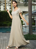 Beige Mirror Work Flared Maxi Dress