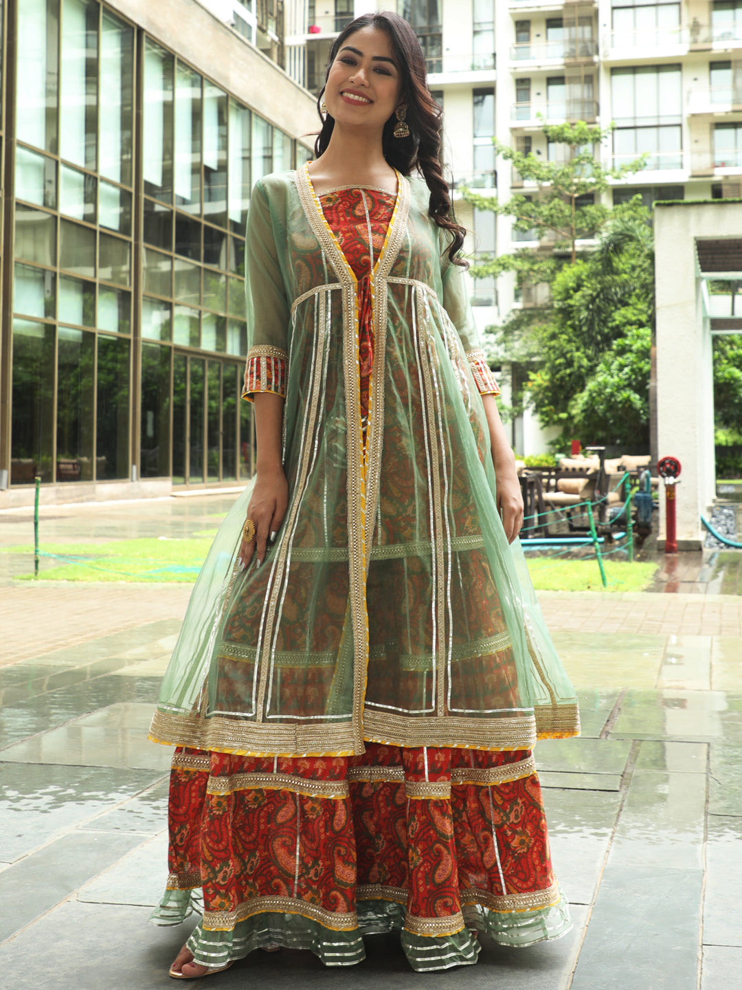 Red Floral Print Kurta Sharara With Jacket & Potali Bag