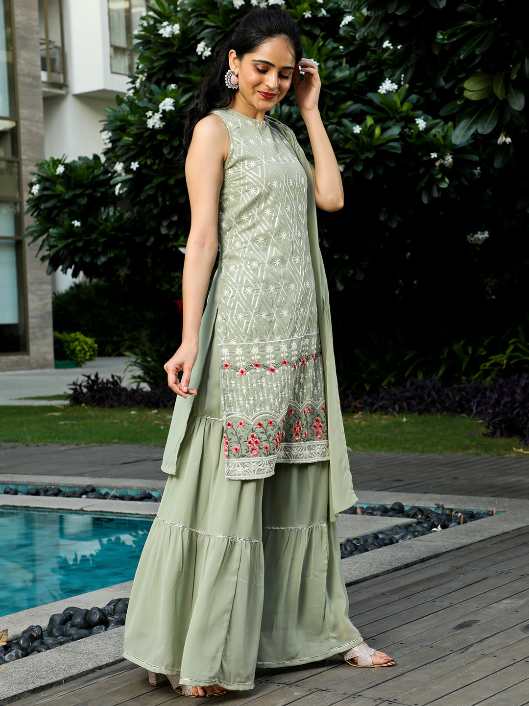 Pastel Green Embroidered Kurta Sharara With Dupatta