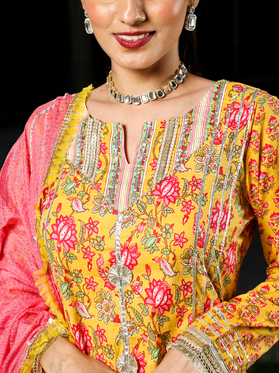 Yellow Floral Print Kurta Sharara With Dupatta